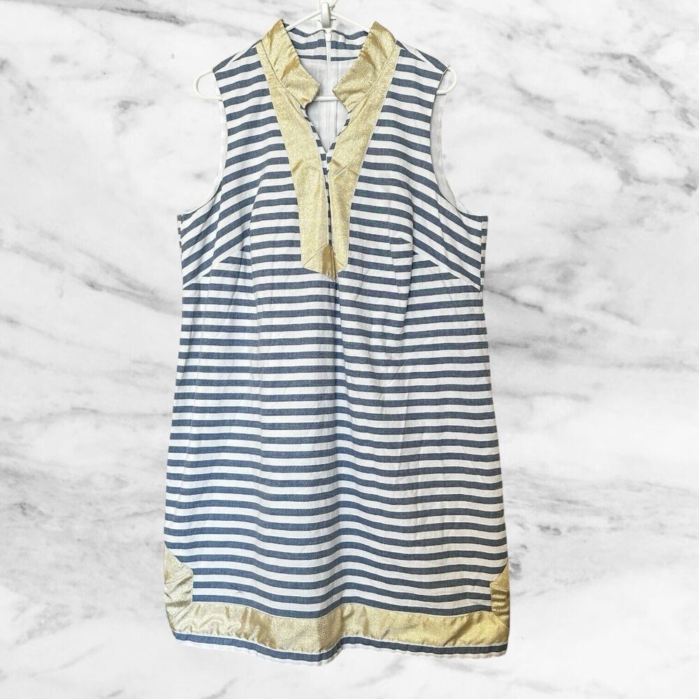 Eliza J Dress Gold Metallic Mandarin Collar Sleeveless Shift Dress Blue Stripes - Picture 2 of 8
